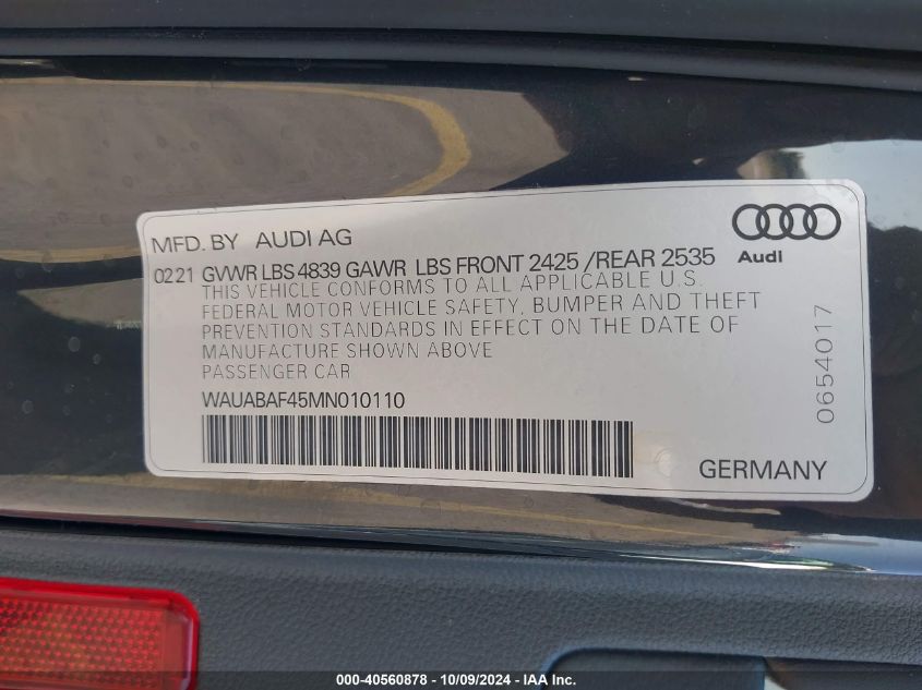 2021 Audi A4 Premium 40 VIN: WAUABAF45MN010110 Lot: 40560878