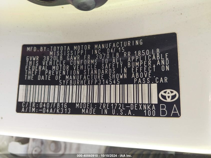 5YFBURHEXFP314545 2015 Toyota Corolla Le