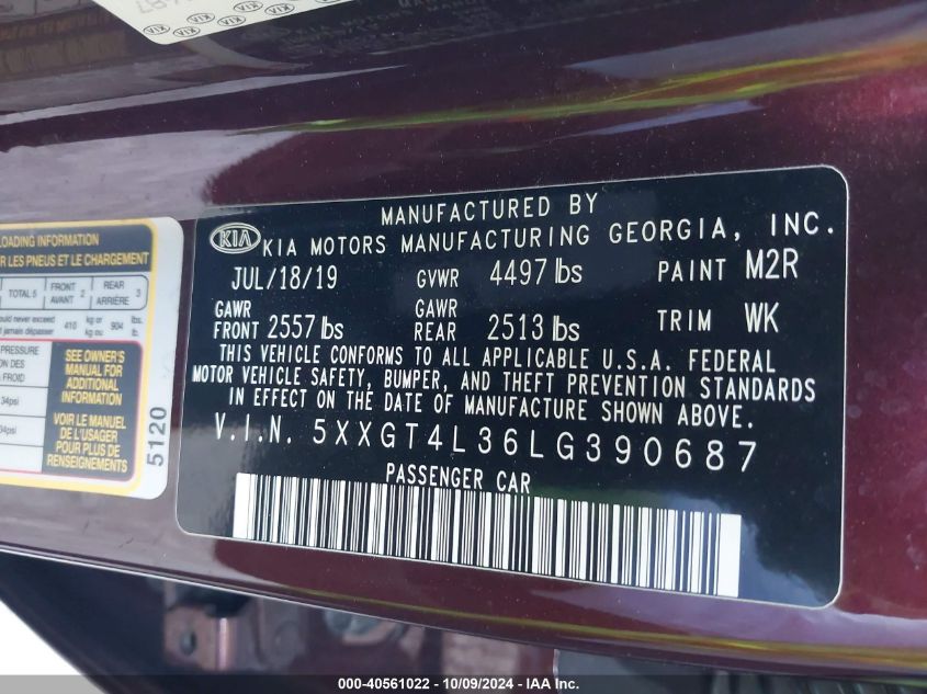 5XXGT4L36LG390687 2020 Kia Optima Lx/S/Se