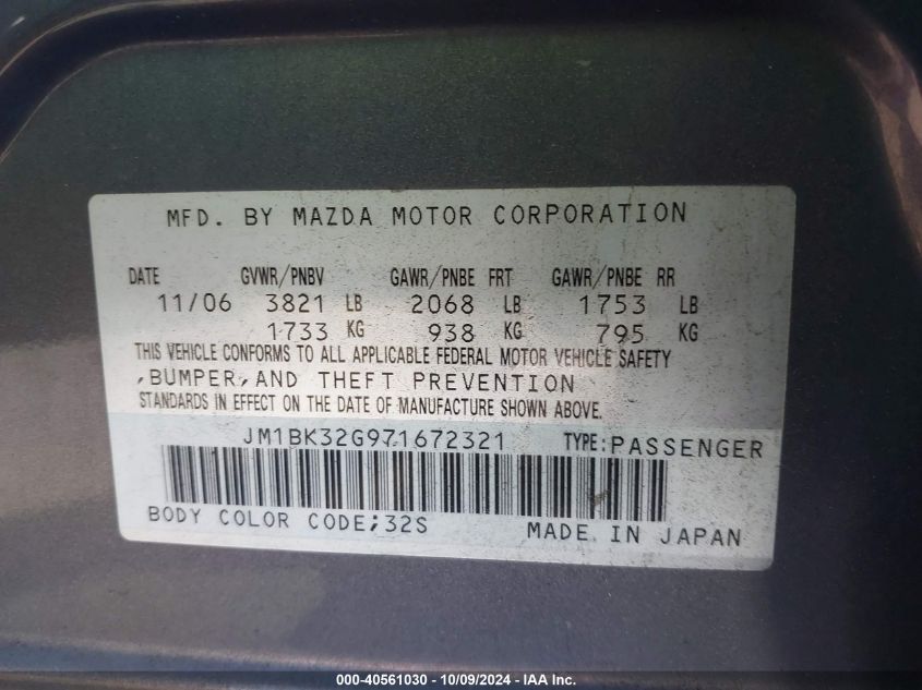 2007 Mazda 3 I VIN: JM1BK32G971672321 Lot: 40561030