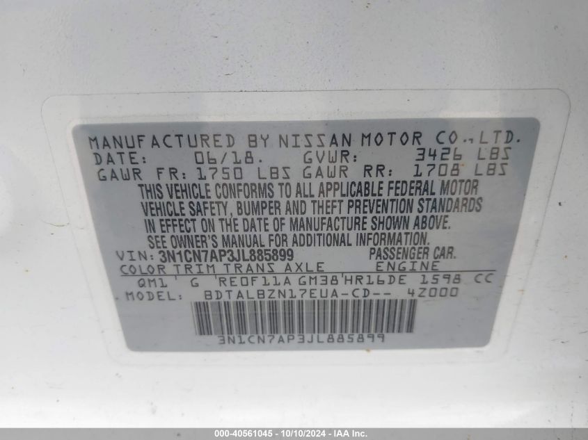 3N1CN7AP3JL885899 2018 Nissan Versa 1.6 Sv