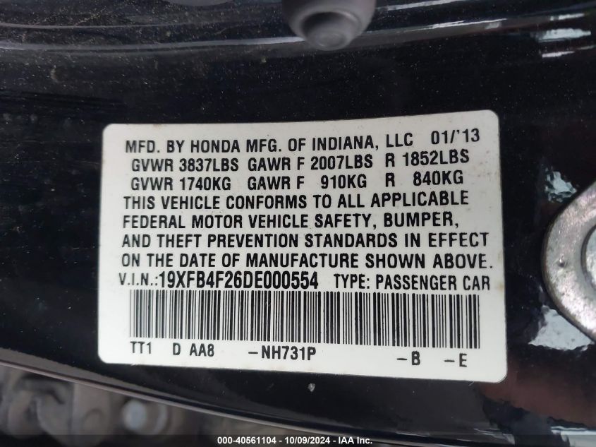 19XFB4F26DE000554 2013 Honda Civic Hybrid Hybrid