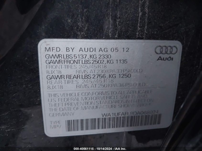 2013 Audi Allroad 2.0T Premium Plus VIN: WA1UFAFL9DA068024 Lot: 40561115