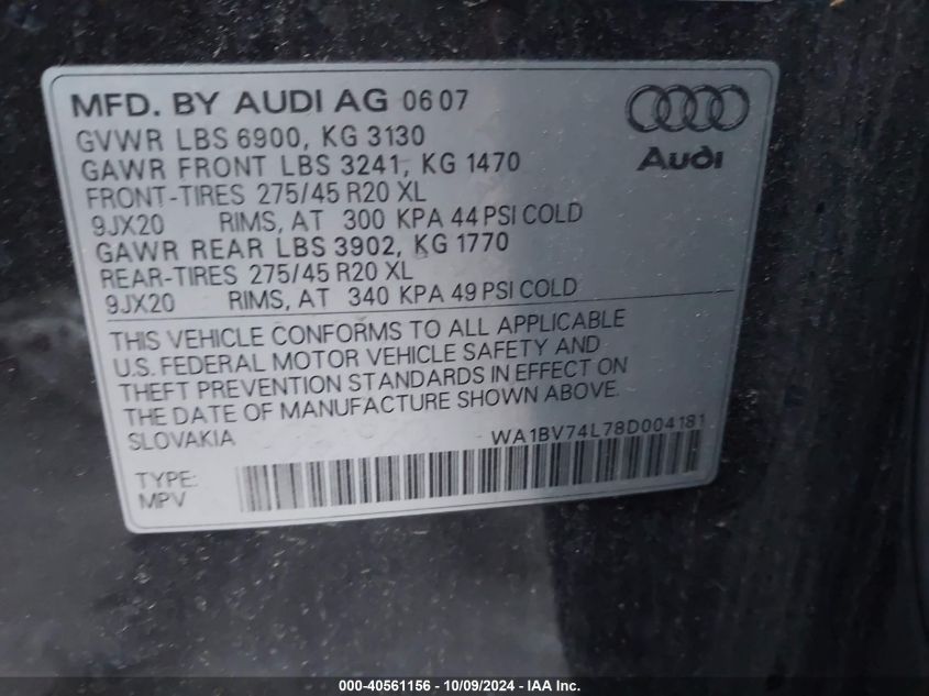 2008 Audi Q7 4.2 Premium VIN: WA1BV74L78D004181 Lot: 40561156