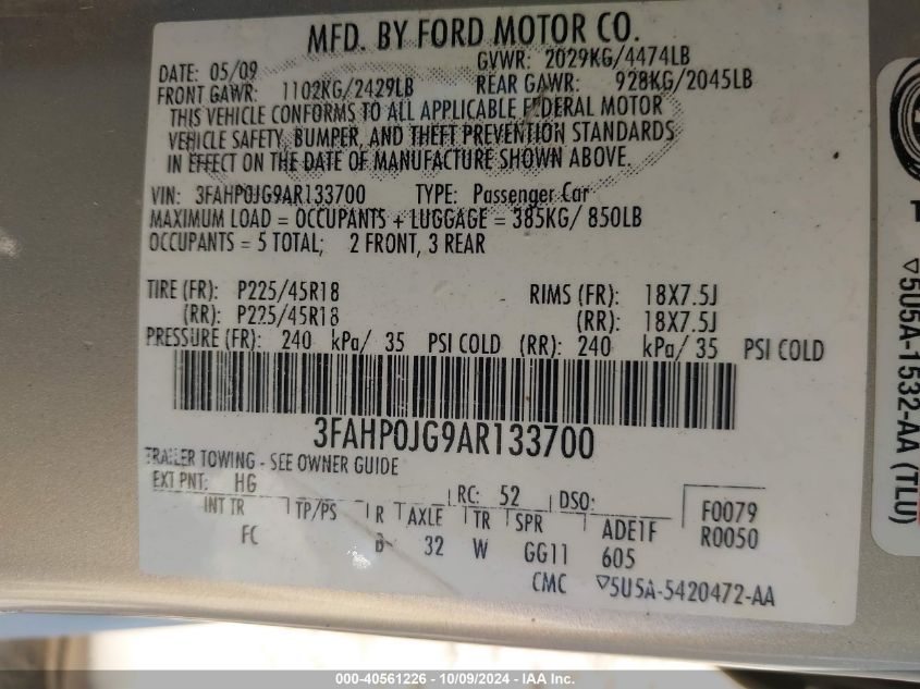 3FAHP0JG9AR133700 2010 Ford Fusion Sel