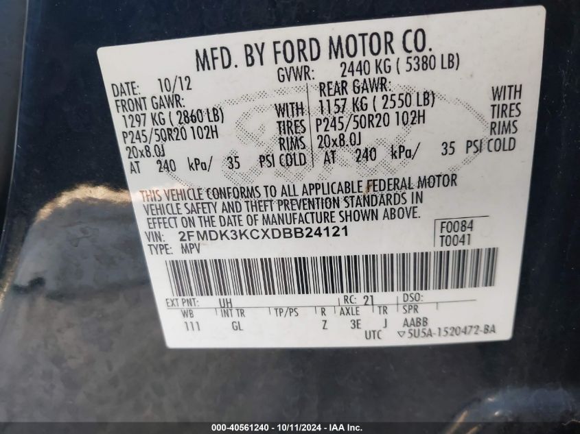 2013 Ford Edge Limited VIN: 2FMDK3KCXDBB24121 Lot: 40561240