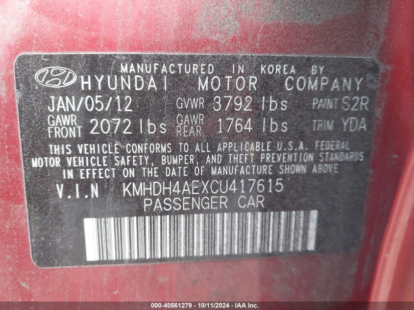 KMHDH4AEXCU417615 2012 Hyundai Elantra Gls/Limited