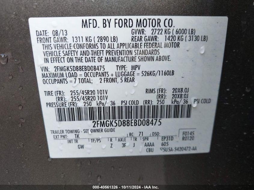 2FMGK5D88EBD08475 2014 Ford Flex Limited