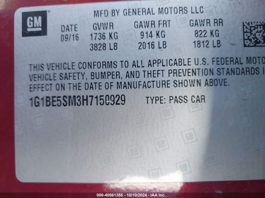 1G1BE5SM3H7150929 2017 Chevrolet Cruze Lt Auto