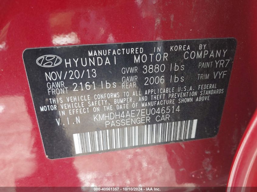 2014 Hyundai Elantra Se VIN: KMHDH4AE7EU046514 Lot: 40561357