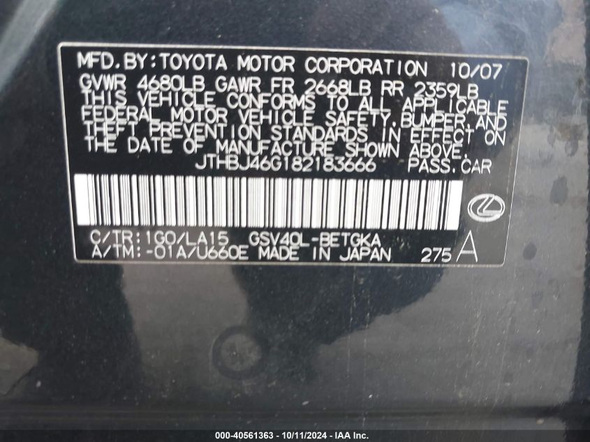 JTHBJ46G182183666 2008 Lexus Es 350