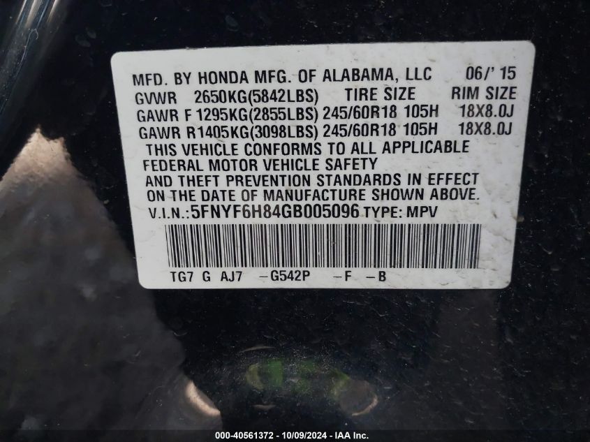 5FNYF6H84GB005096 2016 Honda Pilot Ex-L