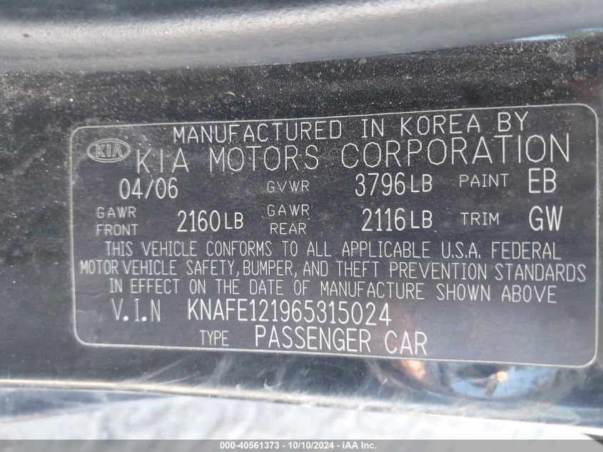 KNAFE121965315024 2006 Kia Spectra Ex/Lx/Sx