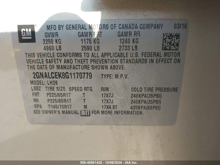 2GNALCEK8G1170779 2016 Chevrolet Equinox Lt