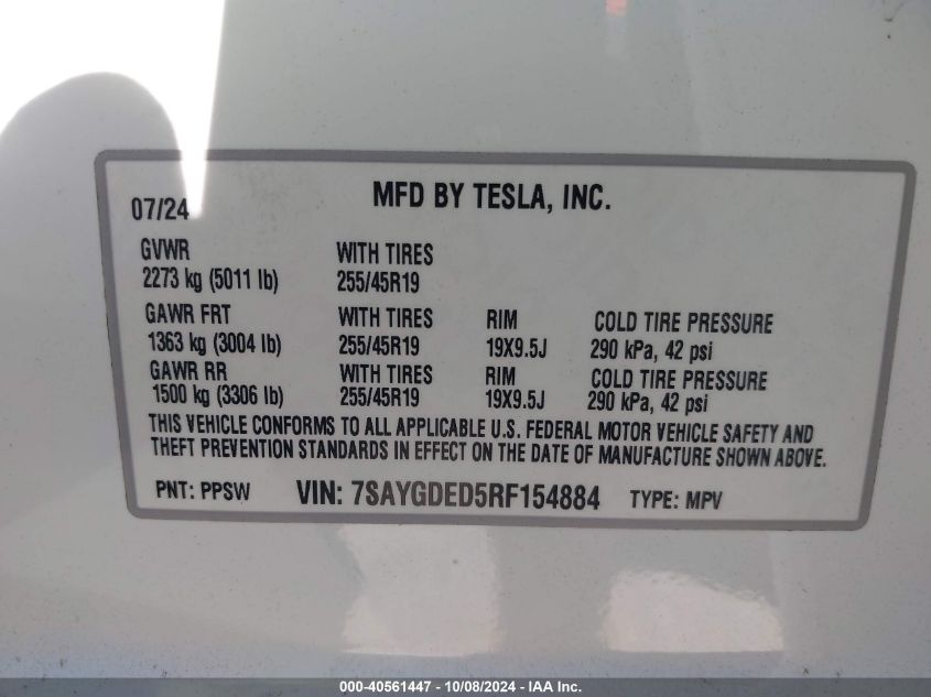 2024 Tesla Model Y Long Range Dual Motor All-Wheel Drive/Rwd VIN: 7SAYGDED5RF154884 Lot: 40561447