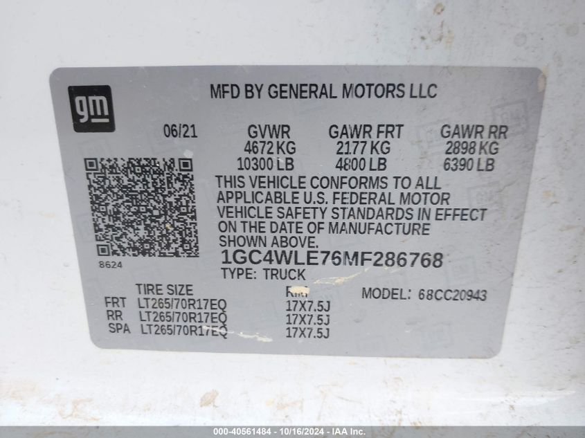 2021 Chevrolet Silverado 2500Hd 2Wd Long Bed Wt VIN: 1GC4WLE76MF286768 Lot: 40561484