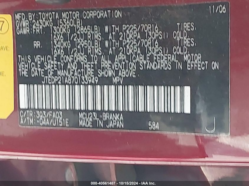 2007 Toyota Highlander V6 VIN: JTEDP21A870133949 Lot: 40561487