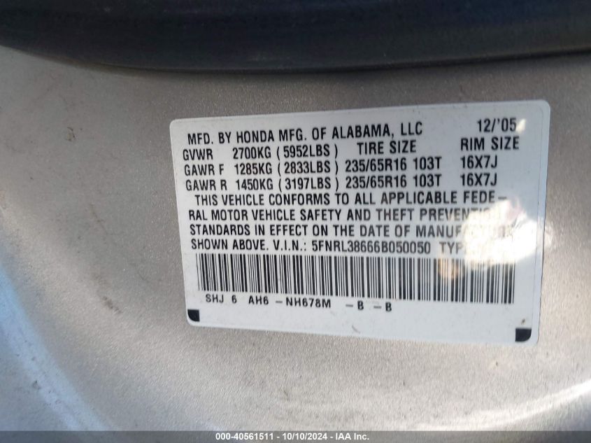 2006 Honda Odyssey Ex-L VIN: 5FNRL38666B050050 Lot: 40561511