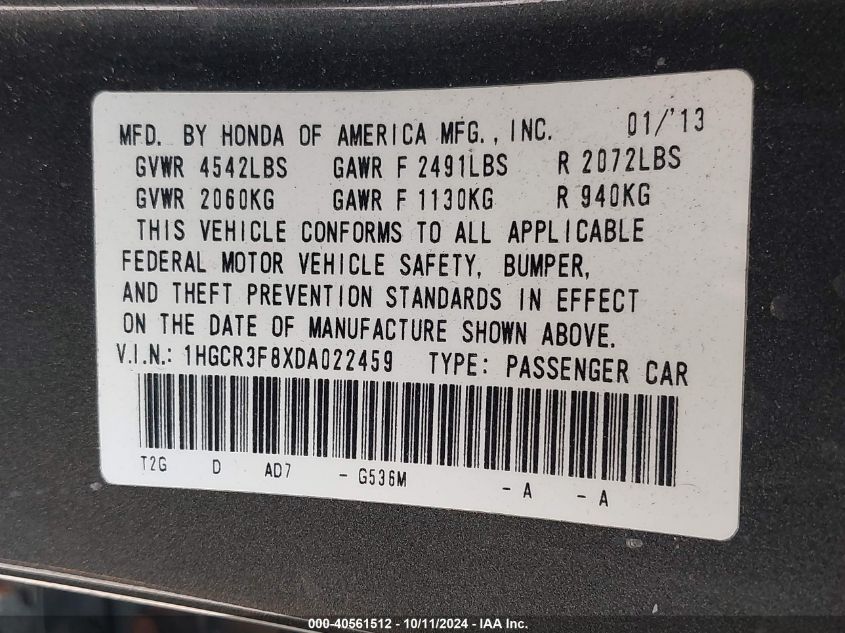 1HGCR3F8XDA022459 2013 Honda Accord Exl