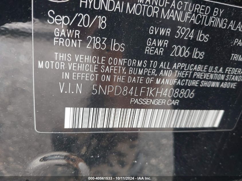 2019 Hyundai Elantra Sel/Value/Limited VIN: 5NPD84LF1KH408806 Lot: 40561533