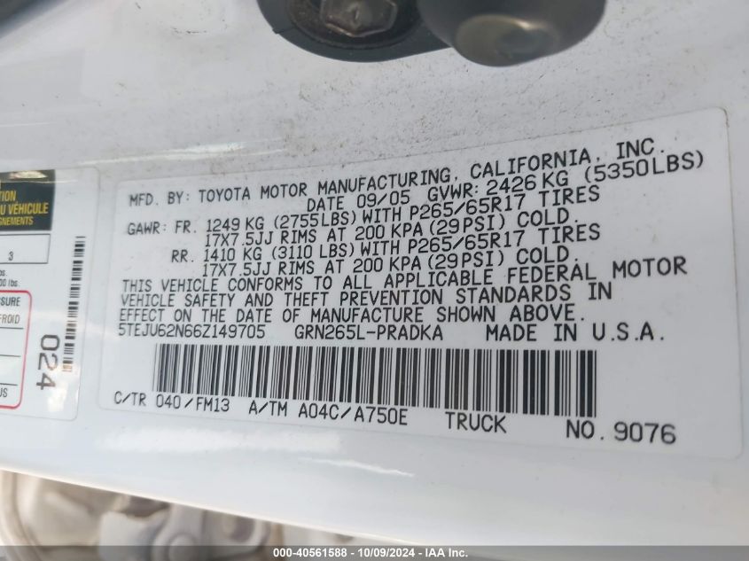 5TEJU62N66Z149705 2006 Toyota Tacoma Prerunner V6