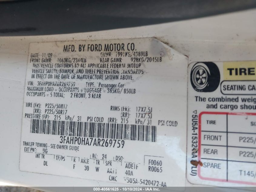 3FAHP0HA7AR269759 2010 Ford Fusion Se