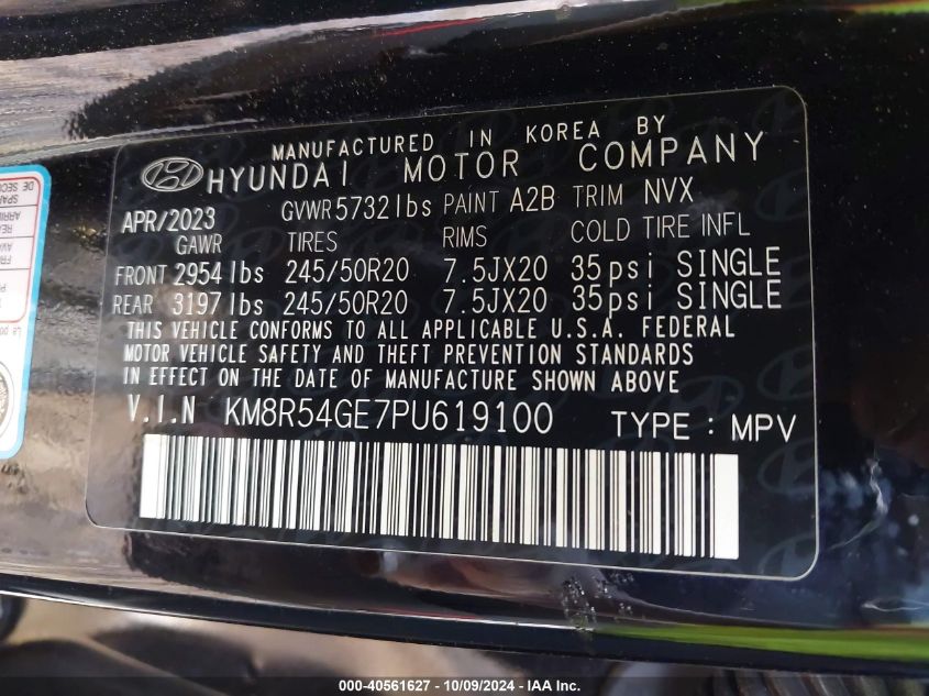 2023 Hyundai Palisade Limited VIN: KM8R54GE7PU619100 Lot: 40561627