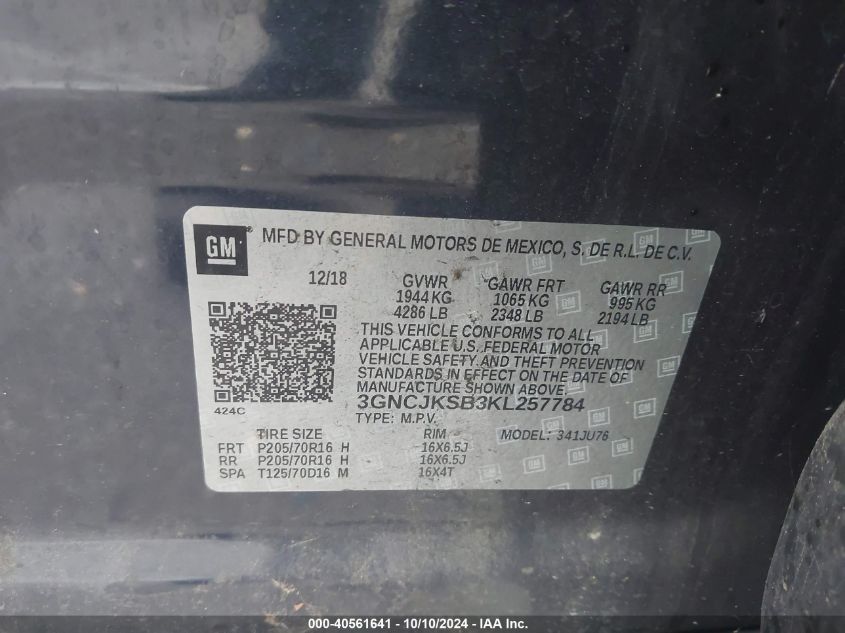 3GNCJKSB3KL257784 2019 Chevrolet Trax Ls