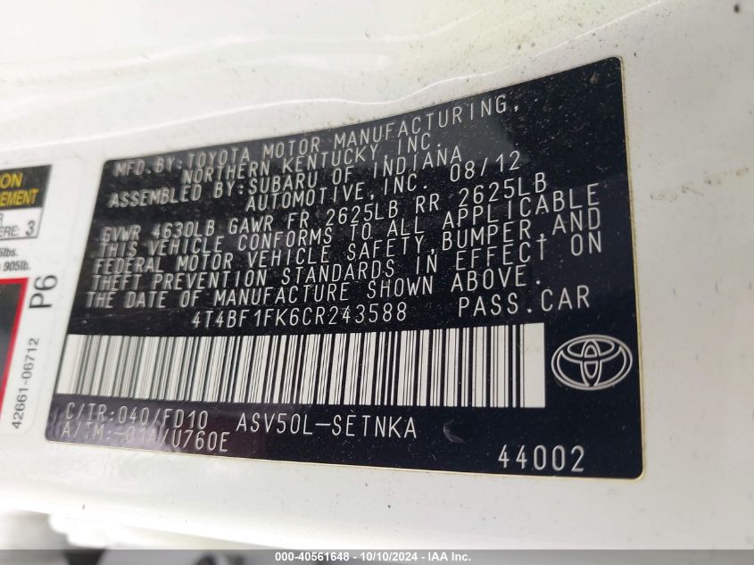 4T4BF1FK6CR243588 2012 Toyota Camry Le