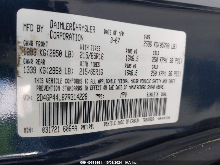 2D4GP44L87R314228 2007 Dodge Grand Caravan Sxt