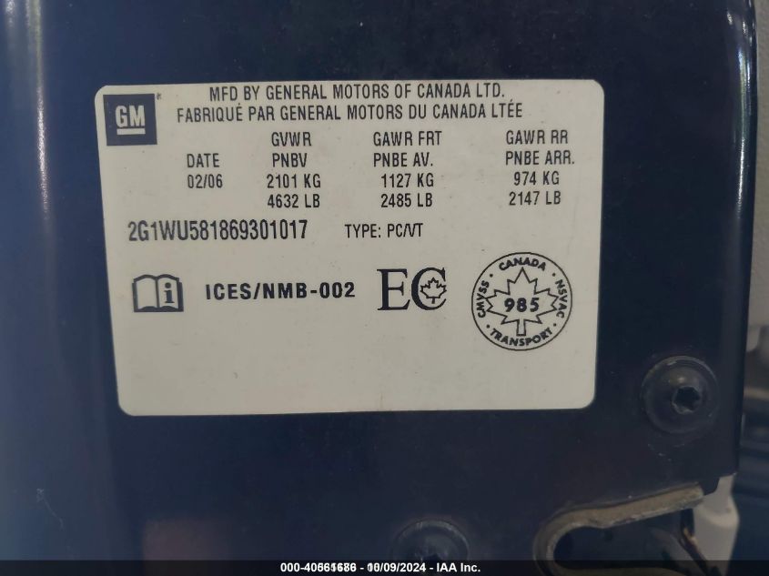 2G1WU581869301017 2006 Chevrolet Impala Ltz