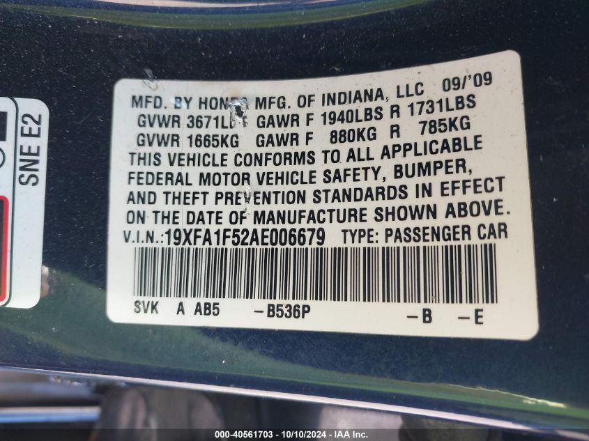 19XFA1F52AE006679 2010 Honda Civic Lx