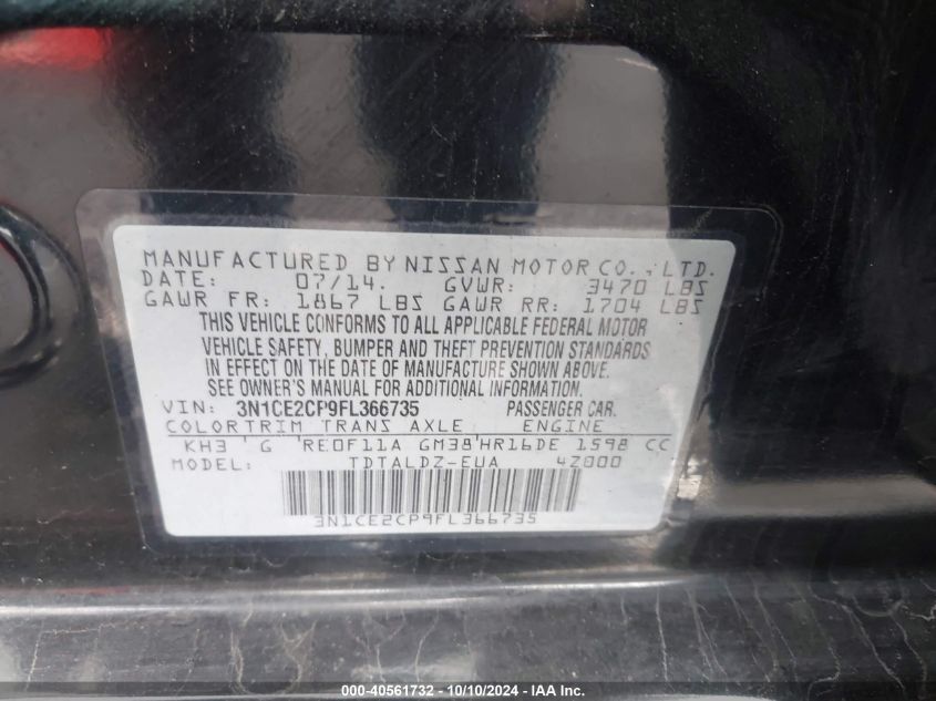 3N1CE2CP9FL366735 2015 Nissan Versa Note Sv