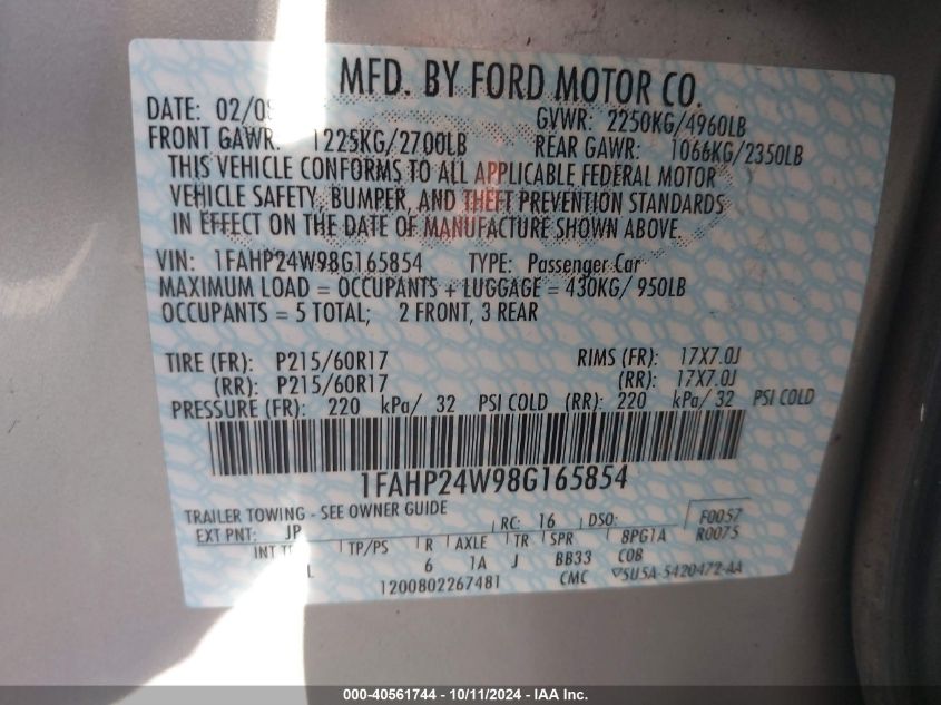 1FAHP24W98G165854 2008 Ford Taurus