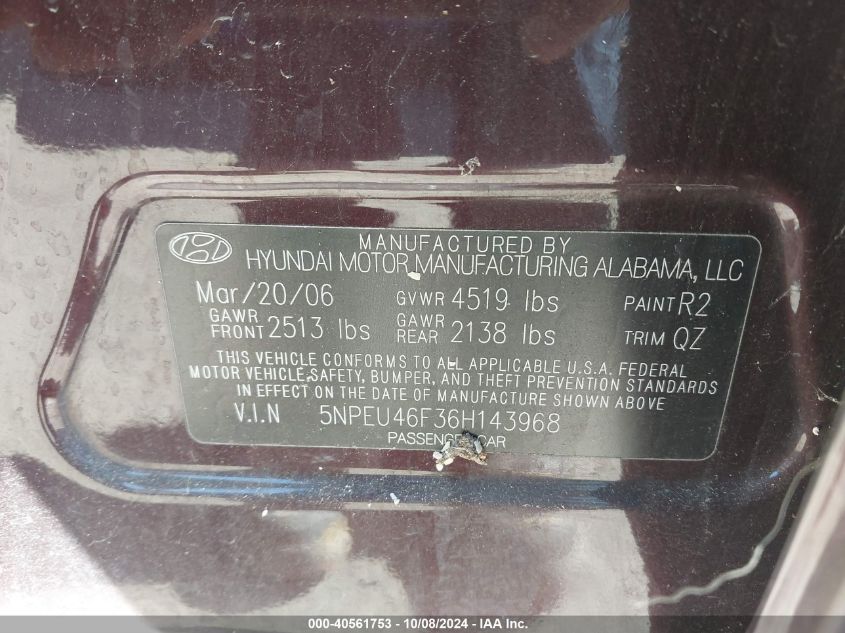 5NPEU46F36H143968 2006 Hyundai Sonata Gls V6/Lx V6