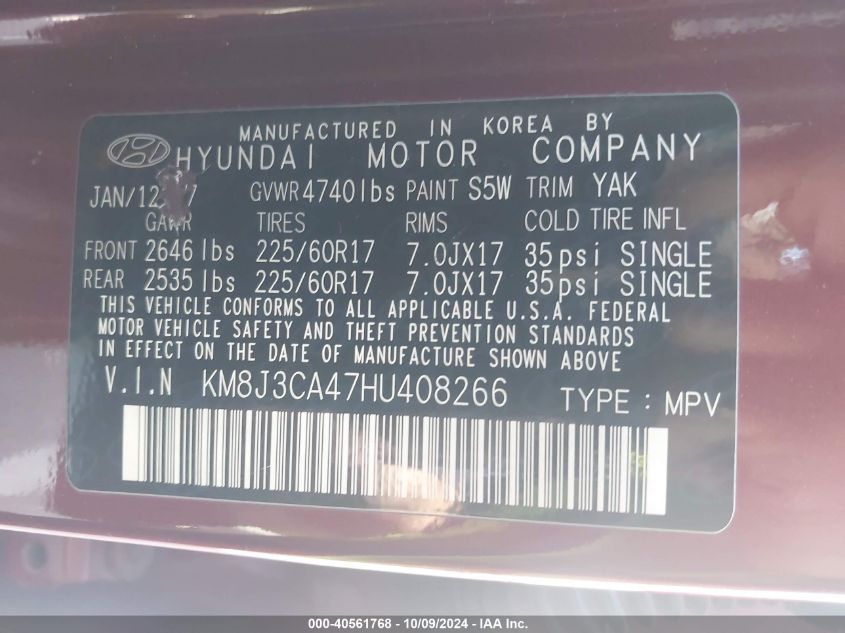 KM8J3CA47HU408266 2017 Hyundai Tucson Se