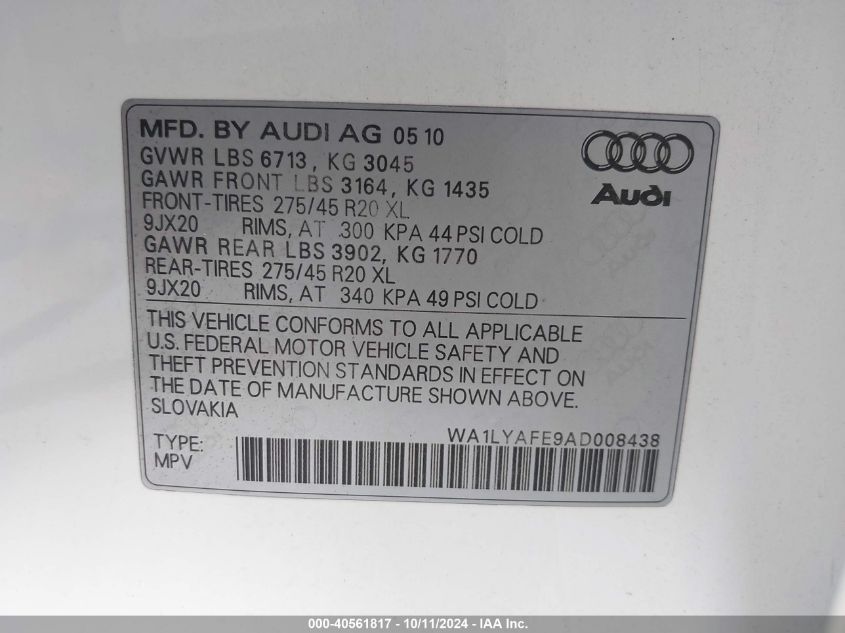 2010 Audi Q7 3.6 Premium VIN: WA1LYAFE9AD008438 Lot: 40561817