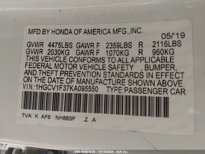 1HGCV1F37KA095550 2019 Honda Accord Sport