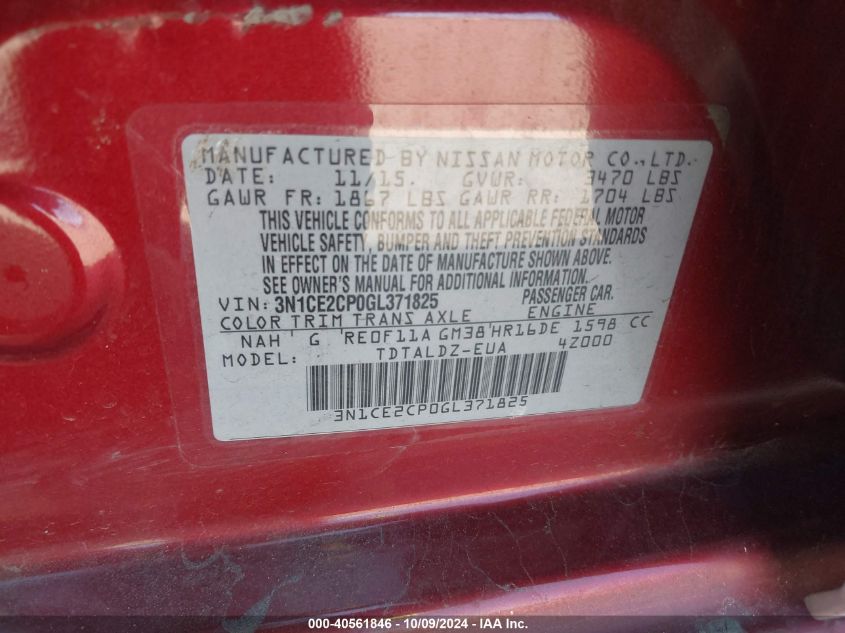 3N1CE2CP0GL371825 2016 Nissan Versa Note S (Sr)/S Plus/Sl/Sr/Sv