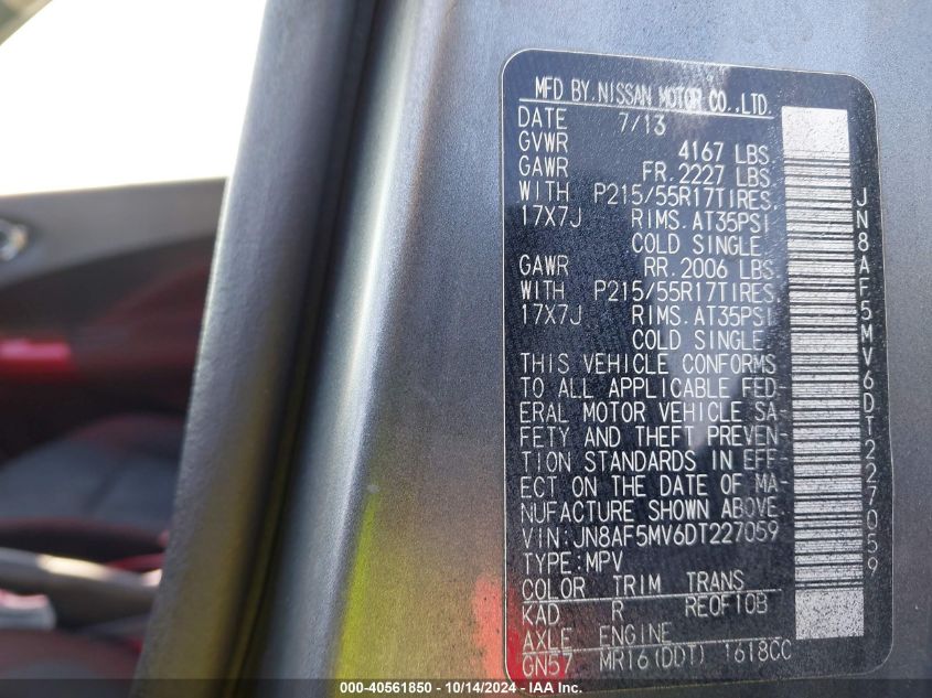 2013 NISSAN JUKE SV - JN8AF5MV6DT227059