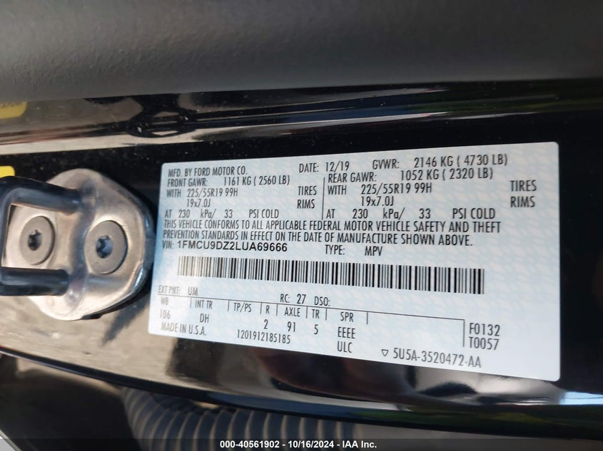 2020 Ford Escape Titanium Hybrid VIN: 1FMCU9DZ2LUA69666 Lot: 40561902