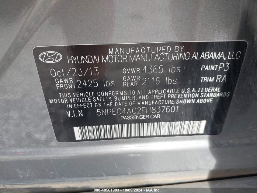 VIN 5NPEC4AC2EH837601 2014 HYUNDAI SONATA no.9