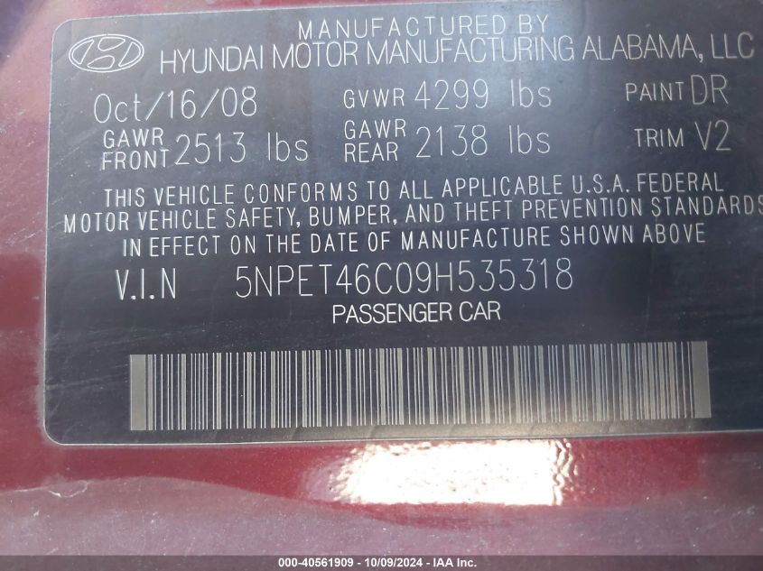 5NPET46C09H535318 2009 Hyundai Sonata Gls