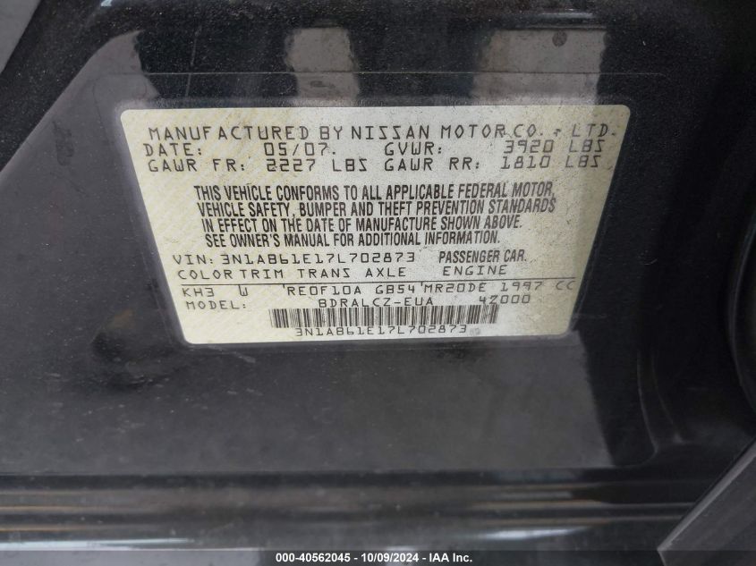 3N1AB61E17L702873 2007 Nissan Sentra 2.0