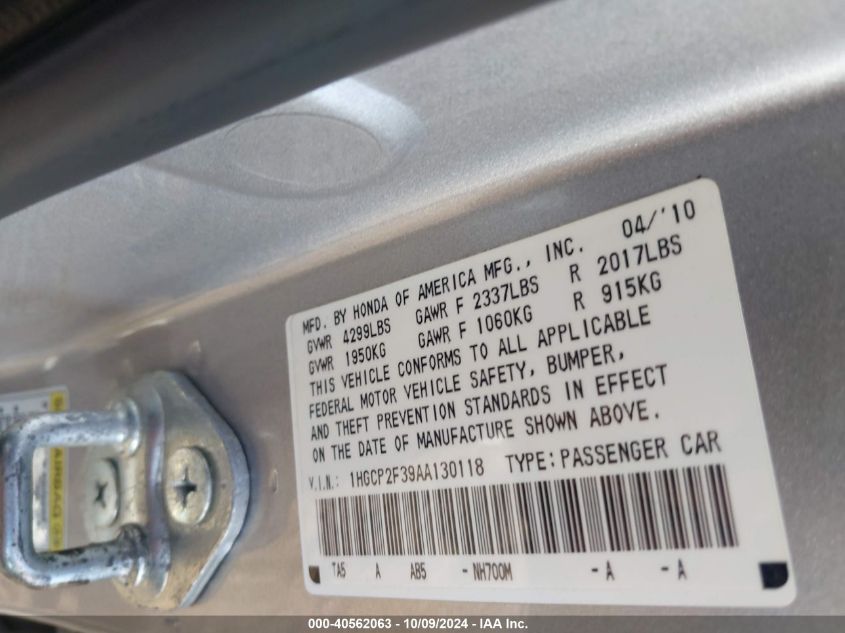 1HGCP2F39AA130118 2010 Honda Accord Lx