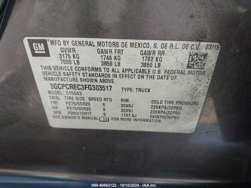 3GCPCREC3FG303517 2015 Chevrolet Silverado 1500 1Lt