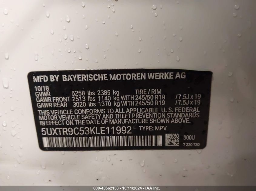 5UXTR9C53KLE11992 2019 BMW X3 xDrive30I