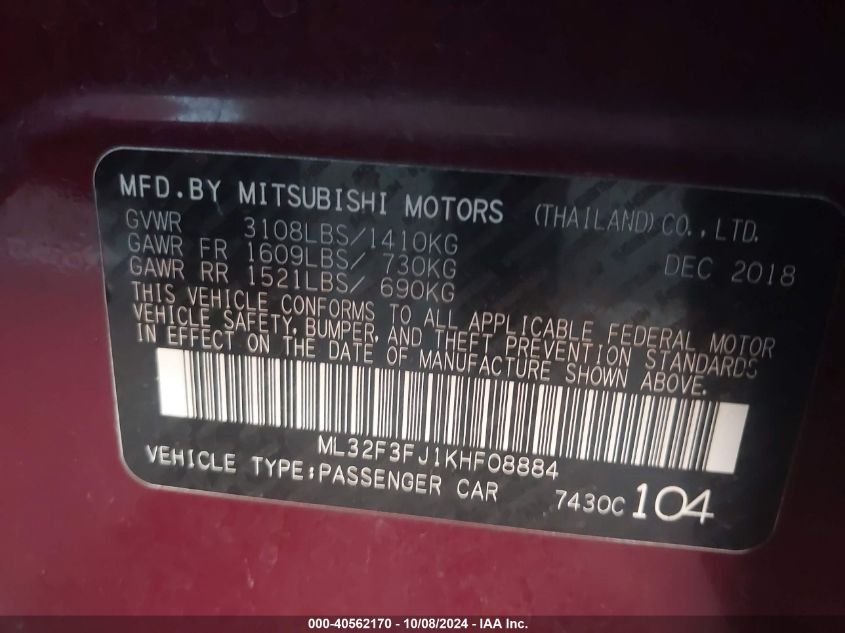 2019 Mitsubishi Mirage G4 Es VIN: ML32F3FJ1KHF08884 Lot: 40562170