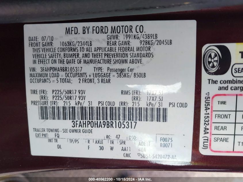 2011 Ford Fusion Se VIN: 3FAHP0HA9BR105317 Lot: 40562200