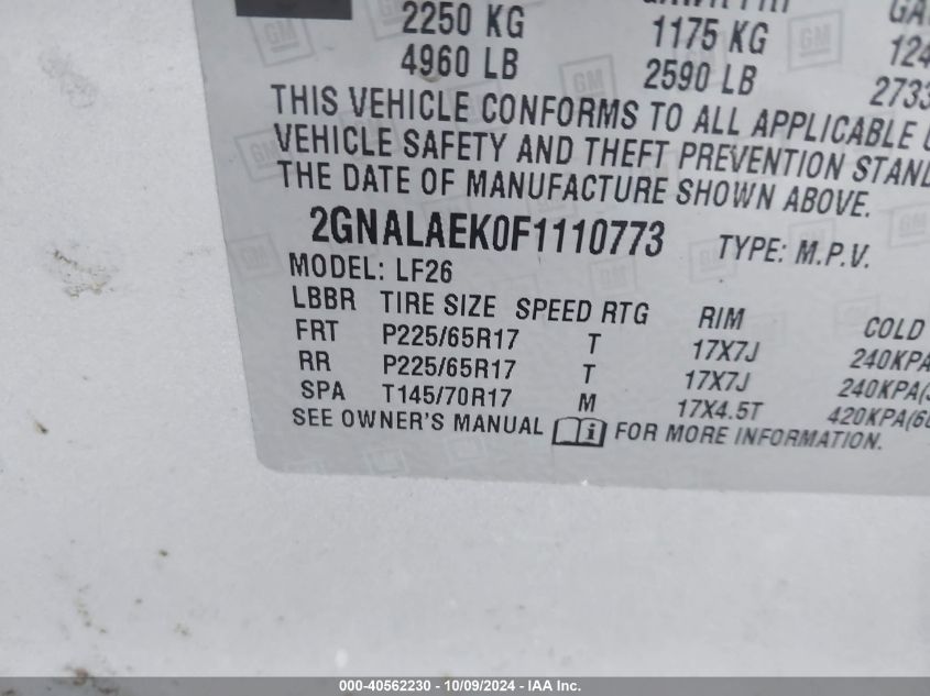 2GNALAEK0F1110773 2015 Chevrolet Equinox Ls